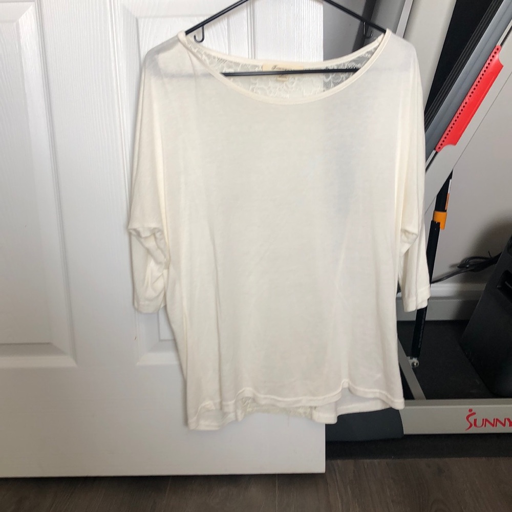 off-white/cream forever 21 top- 3/4 length sleeves; lace back